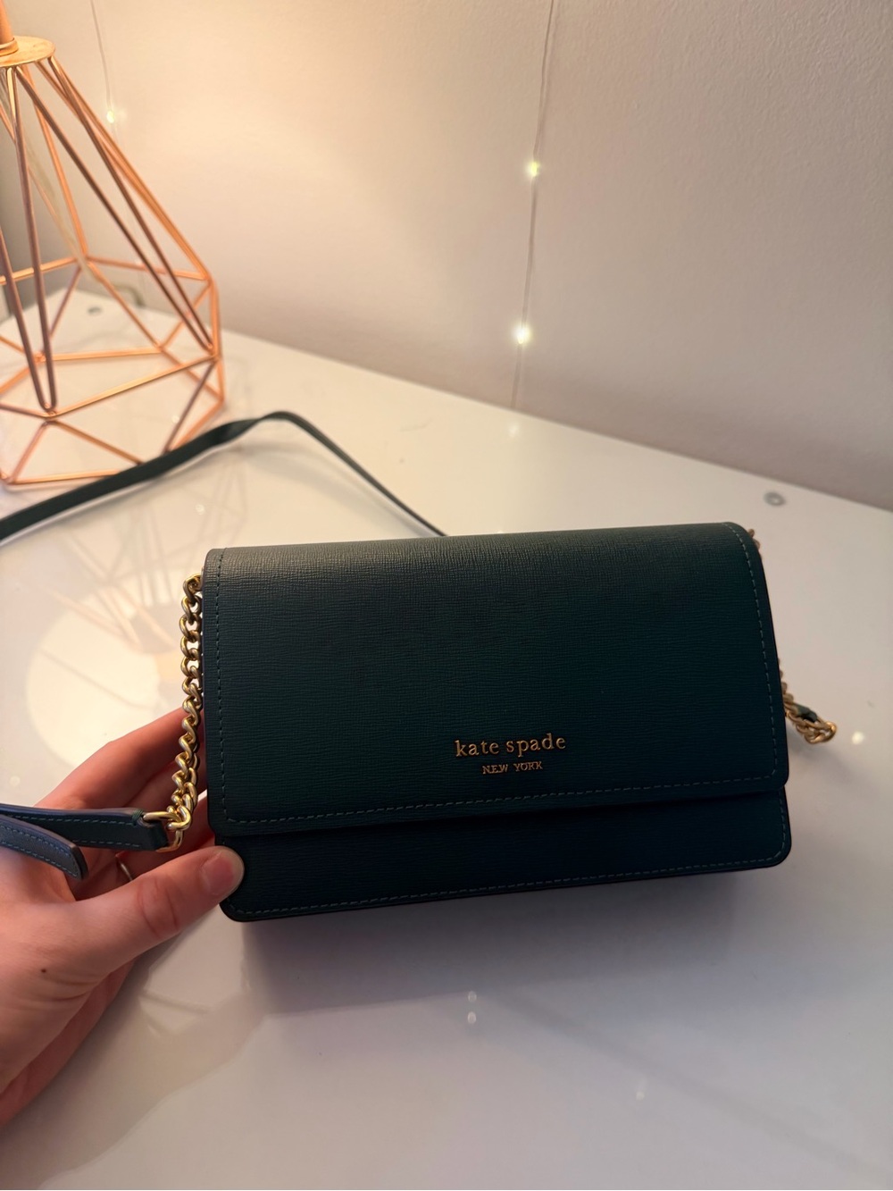kate spade Dark Green Leather Crossbody with Gold Chain